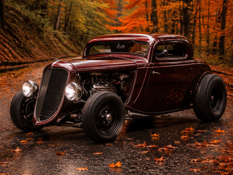 Burgundy Coupe Hot Rod - Autumn Forest auto wallpaper