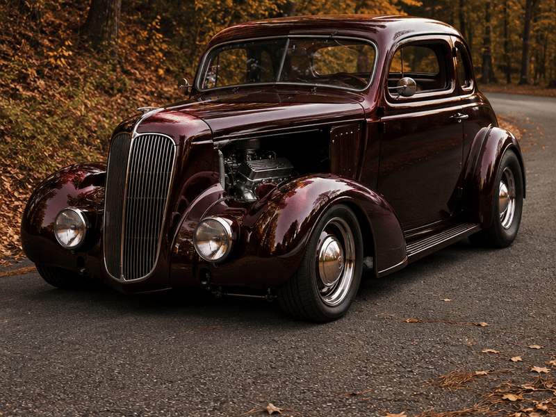 Burgundy Coupe Hot Rod - Autumn Road auto wallpaper