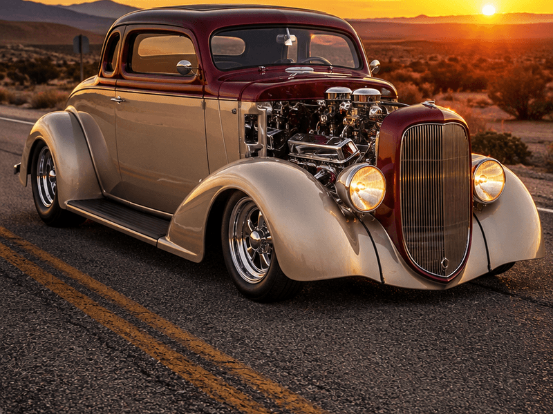 Cream Coupe Hot Rod - Desert Sunset auto wallpaper