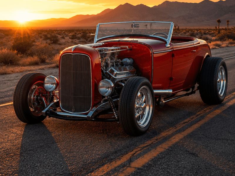 Red Roadster Hot Rod - Desert Sunset auto wallpaper