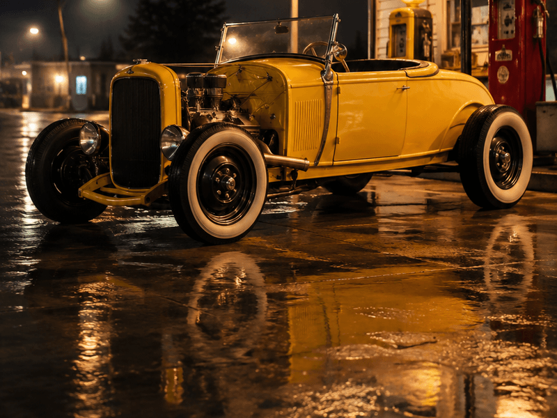 Yellow Roadster Hot Rod - Gas Station Night auto wallpaper