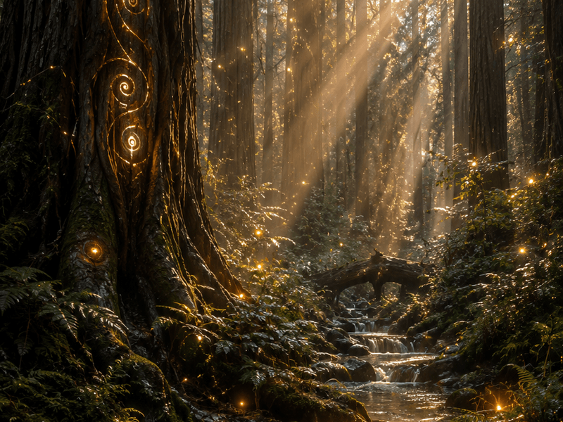 Sunlit Rune Tree Stream magik wallpaper